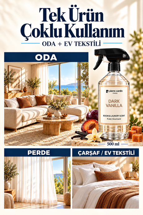 Pierre Cardin Room & Laundry Scent Spray Dark Vanilla 500 ml - Sıcak & Tatlı Vanilya Oda ve Çamaşır Kokusu Spreyi