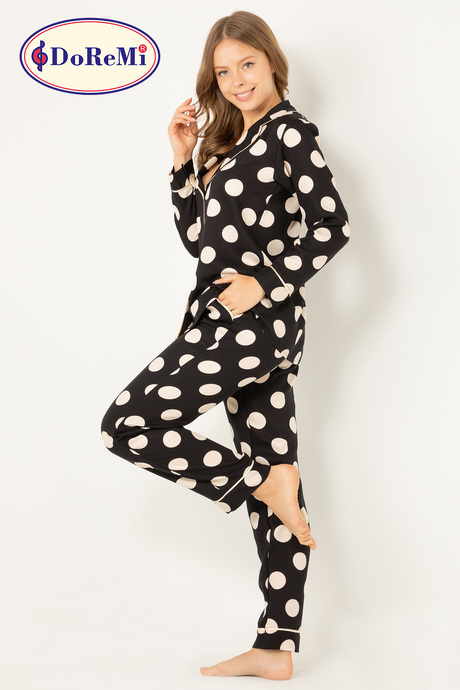 DoReMi Puantiyeli Doğal Viskon Soft Yumuşak Düğmeli Pijama Takımı