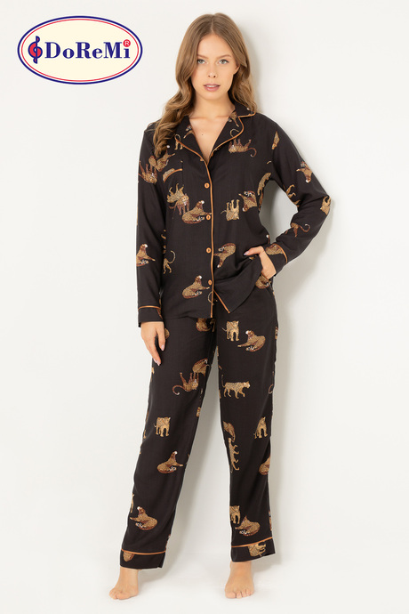 DoReMi Leoparlı Doğal Viskon Soft Yumuşak Düğmeli Pijama Takımı