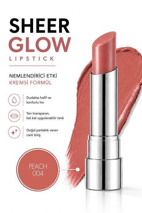 Pierre Cardin Sheer Glow Lipstick - Parlak Bitişli Nemlendirici Ruj - Peach - 004