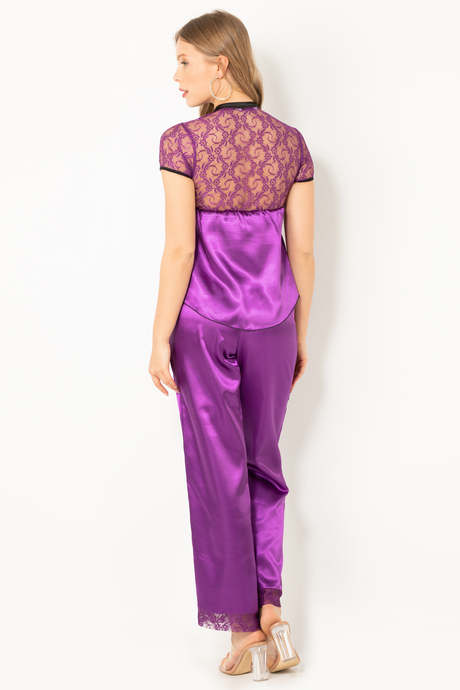 Miorre Kadın Dantel Detaylı Kısa Kollu Saten Pijama Takımı