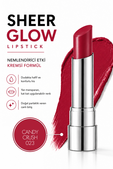 Pierre Cardin Sheer Glow Lipstick - Parlak Bitişli Nemlendirici Ruj - Candy Crush - 023