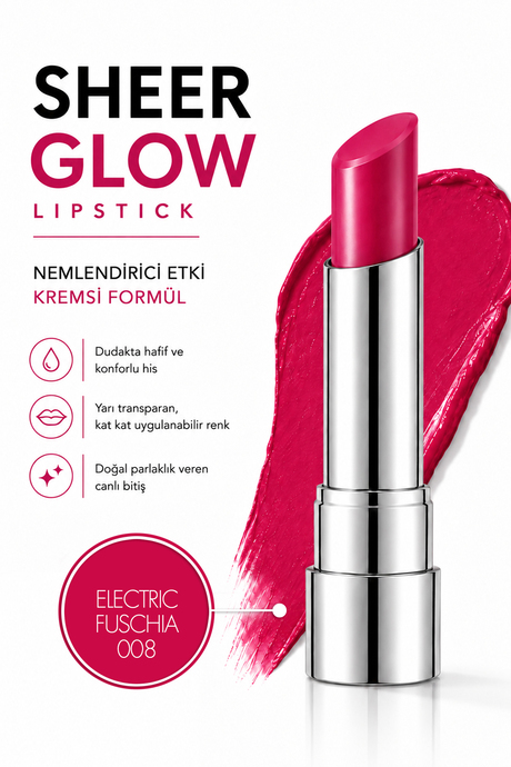 Pierre Cardin Sheer Glow Lipstick - Parlak Bitişli Nemlendirici Ruj - Electric Fuschia - 008