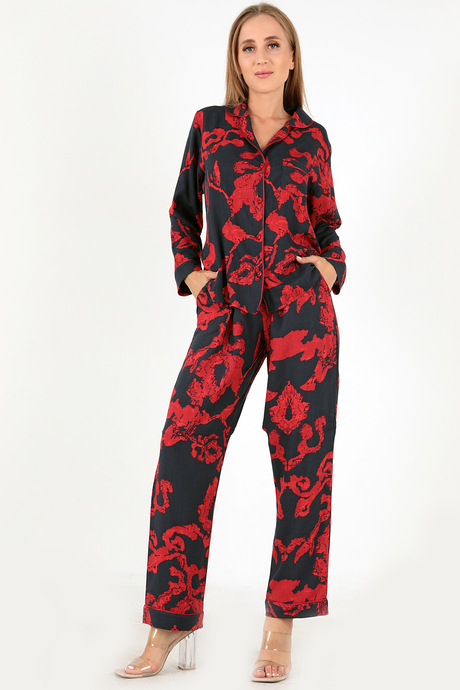 DoReMi Red Flowers Uzun Kollu Kadın Pijama Takım