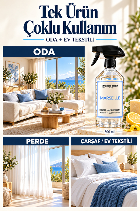 Pierre Cardin Room & Laundry Scent Spray Marseille 500 ml - Beyaz Sabun Ferahlığı Oda ve Çamaşır Kokusu Spreyi