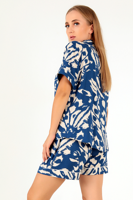 DoReMi Blue Patterned Kısa Kollu Kadın Şortlu Pijama Takım