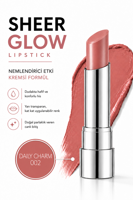 Pierre Cardin Sheer Glow Lipstick - Parlak Bitişli Nemlendirici Ruj - Daily Charm - 002