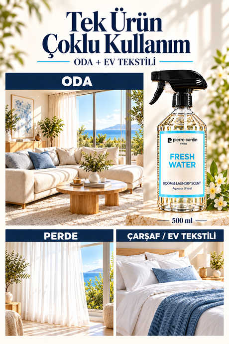 Pierre Cardin Room & Laundry Scent Spray Fresh Water 500 ml - Ferah & Temiz Koku Oda ve Çamaşır Kokusu Spreyi