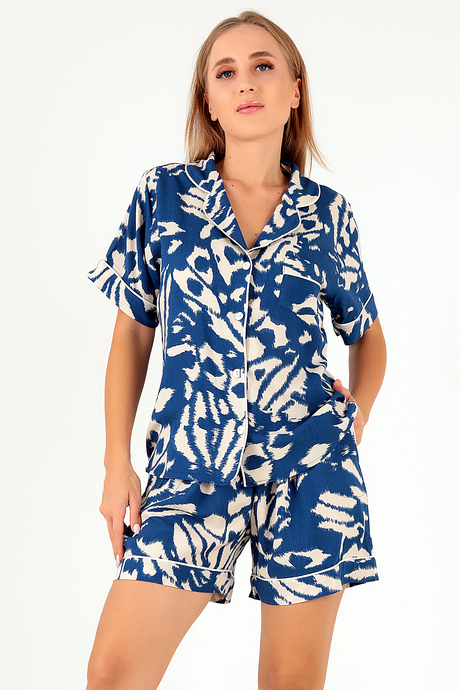 DoReMi Blue Patterned Kısa Kollu Kadın Şortlu Pijama Takım