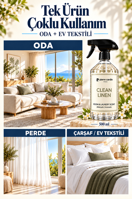 Pierre Cardin Room & Laundry Scent Spray Clean Linen 500 ml - Temiz Çamaşır Ferahlığı Oda ve Çamaşır Kokusu Spreyi