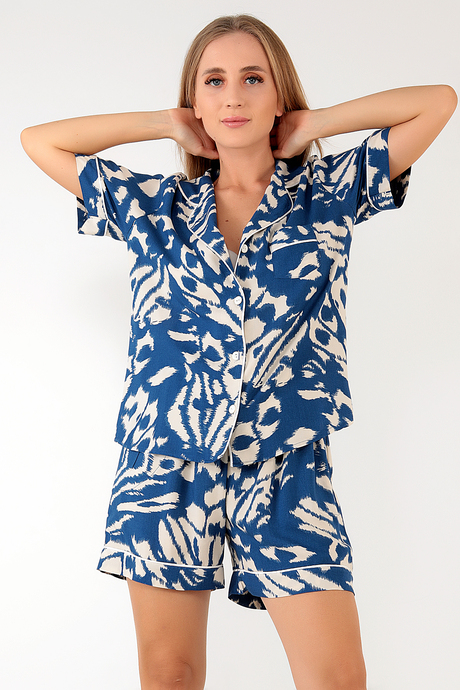 DoReMi Blue Patterned Kısa Kollu Kadın Şortlu Pijama Takım