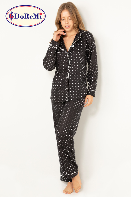 DoReMi Puantiyeli Doğal Viskon Soft Yumuşak Düğmeli Pijama Takımı