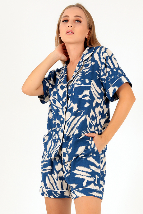 DoReMi Blue Patterned Kısa Kollu Kadın Şortlu Pijama Takım
